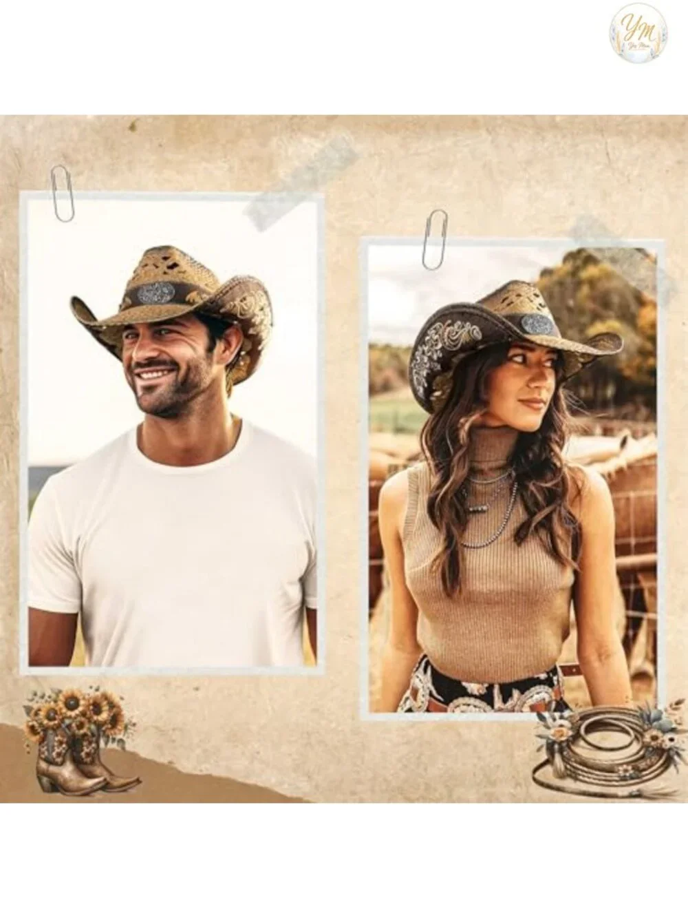 Embroidered Straw Cowboy Hat for Women Men Western Cowgirl